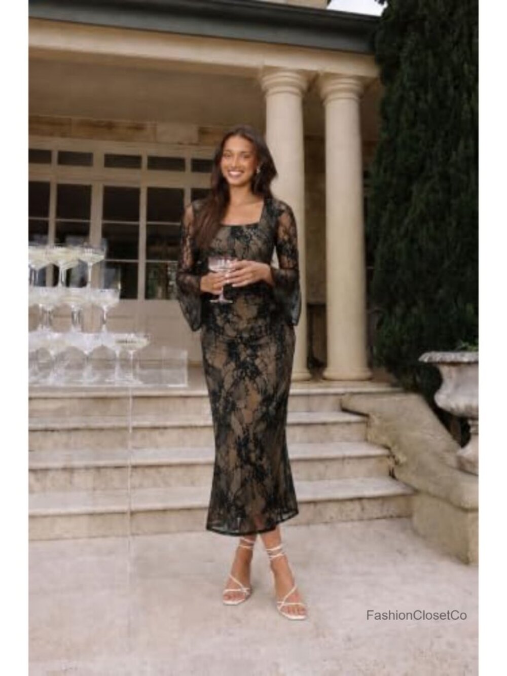 Sipaya Women's Bodycon Maxi Dress Long Sleeve Square Neck Formal Wedding Guest - Picture 2 of 5